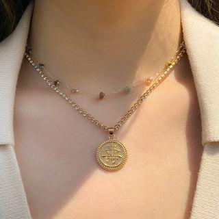 Set: Chain Choker + Pendant Necklace Set - 3355 - Gold - One Size