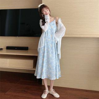 Dye Print Spaghetti Strap Midi Shift Dress / Plain Shirt