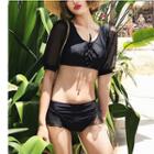 Set: Elbow-sleeve Lace-up Crop Top + Bikini Bottom