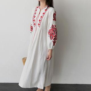 Tie-front Embroidered Long Dress