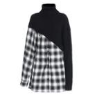 Mock Two-piece Plaid Panel Turtleneck Top