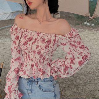 Flower Print Cropped Blouse White & Pink - One Size