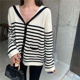 Striped V-neck Loose-fit Cardigan Almond - One Size