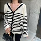 Striped V-neck Loose-fit Cardigan Almond - One Size