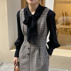 Ribbon-neckline Chiffon Blouse / Gingham Tank Top Dress