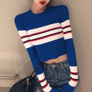 Cropped Long-sleeve Color Block Knit Top Blue - One Size