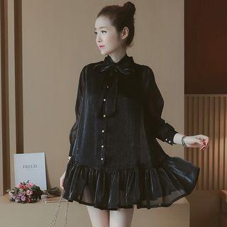 Stand-collar Frilled Midi Dress