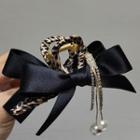Faux Pearl Ribbon Leopard Print Hair Clamp Black - One Size