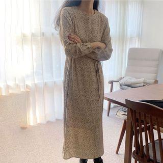 Floral Long-sleeve Midi A-line Dress Floral - Almond - One Size