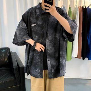 Elbow-sleeve Letter Embroidered Gradient Loose Fit Shirt