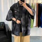 Elbow-sleeve Letter Embroidered Gradient Loose Fit Shirt