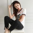 Short-sleeve Cat Embroidery T-shirt