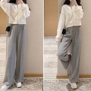 Set: Plain Zipped Hoodie + Wide-leg Sweatpants