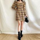 Square-neck Frilled Puff-sleeve Plaid Dress