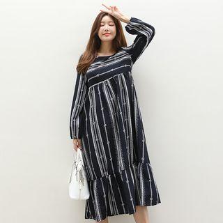 Ruffle-hem Long Empire Dress Khaki - One Size