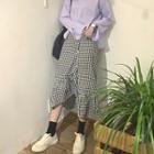 Plain Long-sleeve T-shirt / Check Irregular High-waist Skirt