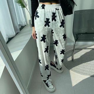 Bear-patterned Velvet Pants White - One Size