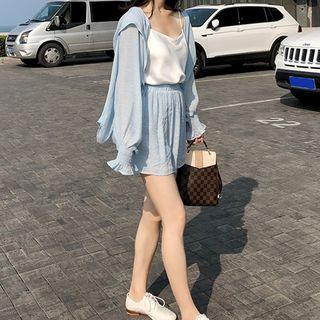 Set: Long-sleeve Hooded Blouse + Shorts