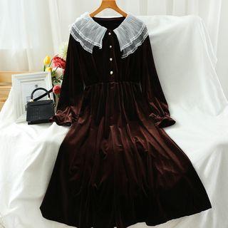 Lace Collar Velvet Midi A-line Dress