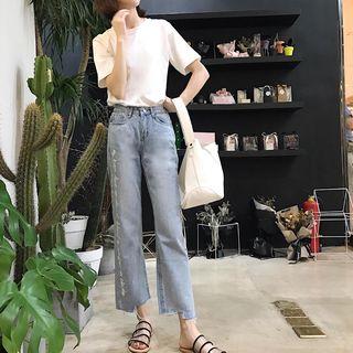 Letter Embroidered Straight Cut Jeans