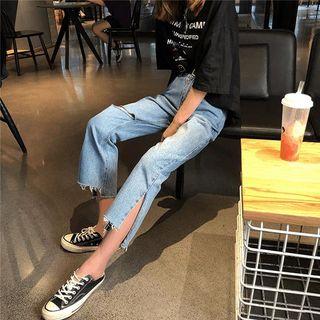 Ripped Side Slit Straight Cut Jeans