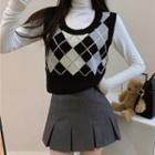 Argyle Sweater Vest / Turtleneck Top / Mini Skirt