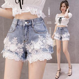 Flower Embroidered Lace Trim Denim Shorts