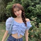 Drawstring Shirred Cropped Blouse Blue - One Size