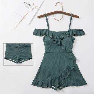 Ruffled Cold-shoulder Swim Dress