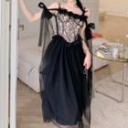 Sleeveless Lace-panel Mesh Midi A-line Dress