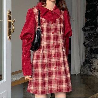 Long-sleeve Plaid Panel Mini A-line Dress Red - One Size