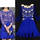 3/4-sleeve Lace Panel Frilled Dress