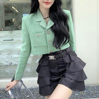 Houndstooth Cropped Blazer / Mini Tiered Skirt