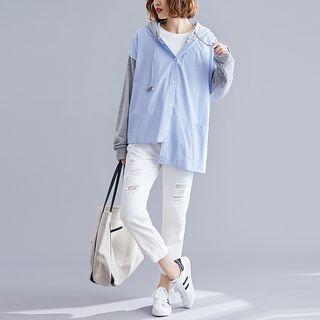 Asymmetric Hooded Stripe Shirt As Shown In Figure - One Size