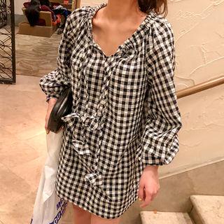 Tie-neck Balloon-sleeve Gingham Tunic