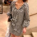 Tie-neck Balloon-sleeve Gingham Tunic