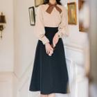 Set: Long-sleeve Tie-neck Shirt + Midi A-line Skirt