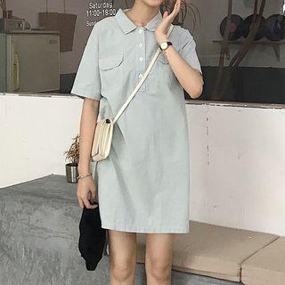 Elbow-sleeve Plain Collar Button-up High-waist Loose-fit Mini Dress
