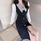 Long-sleeve Lace Collar Slit Midi Sheath Dress