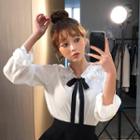 Contrast Tie-neck Frilled Blouse