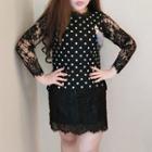 Polka Dot Panel Long-sleeve Lace Dress