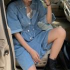 Elbow-sleeve Washed Denim Shirt Romper Blue - One Size
