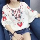 Embroidered Batwing Elbow-sleeve Linen Top