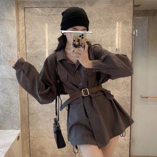Belt-waist Buttoned Jacket Gray - One Size