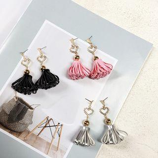 Faux Leather Tassel Heart Rhinestone Dangle Earring