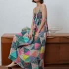 Spaghetti Strap Print Maxi A-line Dress Pink & Green & Off-white - One Size