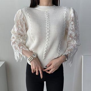 Eyelet Lace Panel 3/4-sleeve Knit Top