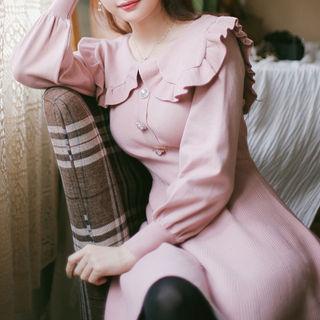 Frilled Sailor-collar Faux-pearl Flared Dress