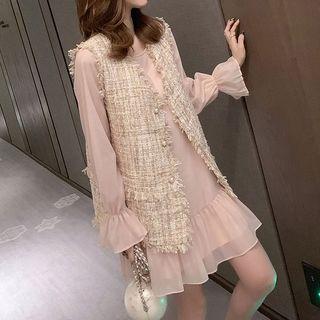 Set: Bell-sleeve Mini Mesh Dress + Tweed Vest