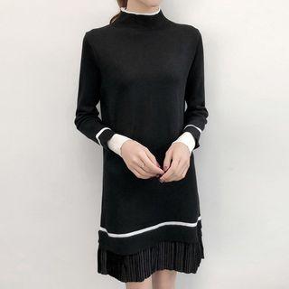 Long-sleeve Contrast Trim Paneled Knit Dress